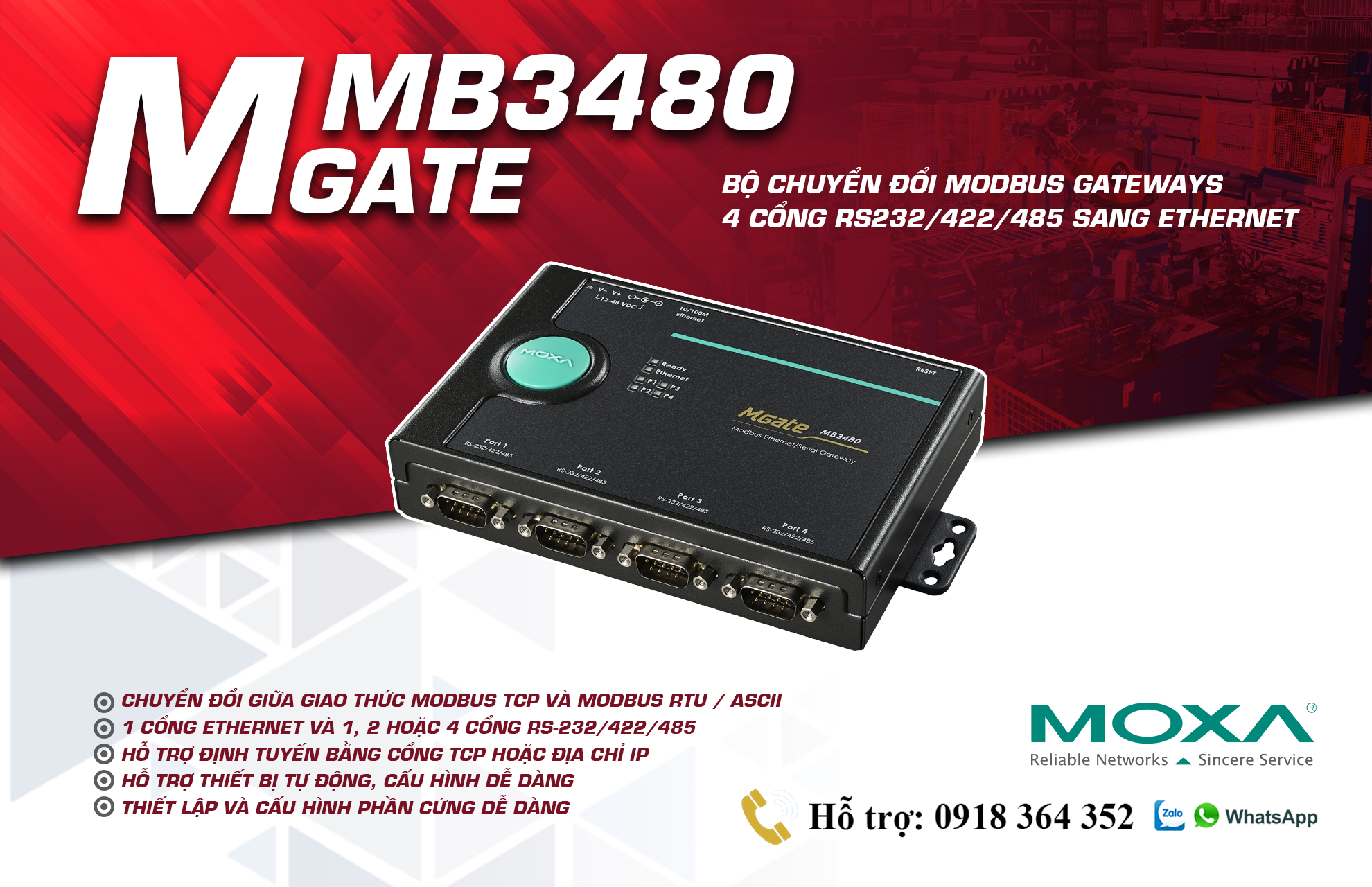 Mgate MB3480: Bộ chuyển đổi giao thức 4 cổng Modbus RTU(RS232/485/422 ...